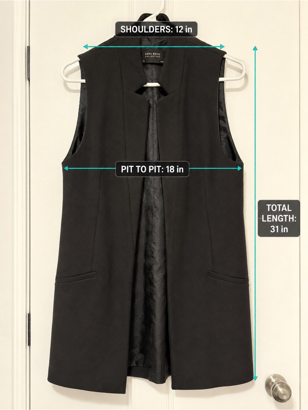 Small Zara Basic Black Longline Sleeveless Blazer Vest Open Front